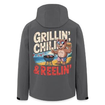 Lustiger Bär beim Grillen, Chillen und Angeln - Recycelte Männer Softshell-Jacke von Stanley/Stella - Schwarz - Hinten - AI Model Male 185 light (185cm)