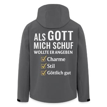 Spruch Als Gott mich schuf wollte er angeben  - Recycelte Männer Softshell-Jacke von Stanley/Stella - Schwarz - Hinten - AI Model Male 185 light (185cm)
