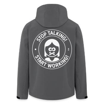 Stop Talking! Start Working! (Frau / White) - Recycelte Männer Softshell-Jacke von Stanley/Stella - Schwarz - Hinten - AI Model Male 185 light (185cm)