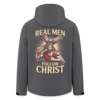 Christian T-Shirt Real Men Follow Christ - Men’s Recycled Softshell Jacket by Stanley/Stella - black - Back - AI Model Male 185 light (185cm)