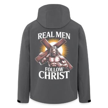 Des hommes qui ont la foi – De vrais hommes suivent le Christ - Veste softshell homme en polyester recyclé Stanley/Stella - noir - Dos - AI Model Male 185 light (185cm)