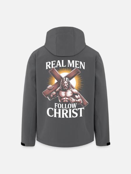 Mannen met geloof – Echte mannen volgen Christus - Heren softshell jas van gerecycled polyester Stanley/Stella - zwart