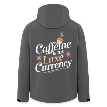 Coffee Lover Shirt – "Caffeine is my Luxe Currency - Men’s Recycled Softshell Jacket by Stanley/Stella - black - Back - AI Model Male 185 light (185cm)