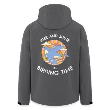 AUFSTEHEN UND STRAHLEN, ES IST VOGELBEOBACHTUNGSZEIT. - Recycelte Männer Softshell-Jacke von Stanley/Stella - Schwarz - Hinten - AI Model Male 185 light (185cm)
