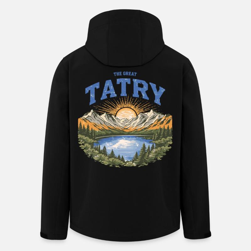 Solnedgangsdesignet til den store Tatry-fjellene - Softshelljakke herre i resirkulert polyester Stanley/Stella - svart