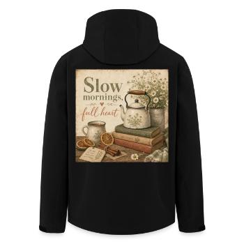 Slow Mornings Full Heart Poster Coffee Tea Decoration - Men’s Recycled Softshell Jacket by Stanley/Stella - black - Back - AI Model Male 185 light (185cm)