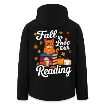 Cat Reading Books Autumn Pumpkin - Book Lover - Men’s Recycled Softshell Jacket by Stanley/Stella - black - Back - AI Model Male 185 light (185cm)