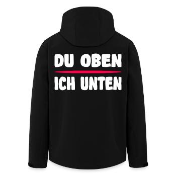 Lustiges Flirtshirt – Du oben ich unten Spruch - Recycelte Männer Softshell-Jacke von Stanley/Stella - Schwarz - Hinten - AI Model Male 185 light (185cm)