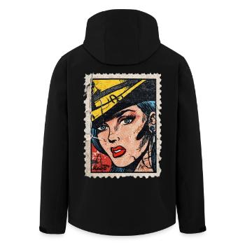 Pop-Art Frau mit Hut auf Retro-Comic Briefmarke - Recycelte Männer Softshell-Jacke von Stanley/Stella - Schwarz - Hinten - AI Model Male 185 light (185cm)