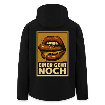 Sausage with sauce and saying "One more goes" - Men’s Recycled Softshell Jacket by Stanley/Stella - black - Back - AI Model Male 185 light (185cm)