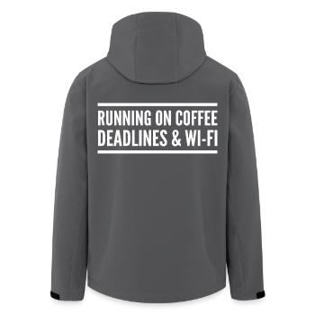 Powered by coffee, delays, and Wi-Fi - Men’s Recycled Softshell Jacket by Stanley/Stella - anthracite - Back - AI Model Male 185 light (185cm)