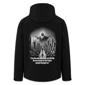 Futuristisches Stadtbild mit inspirierendem Zitat - Recycelte Männer Softshell-Jacke von Stanley/Stella - Schwarz - Hinten - AI Model Male 185 light (185cm)