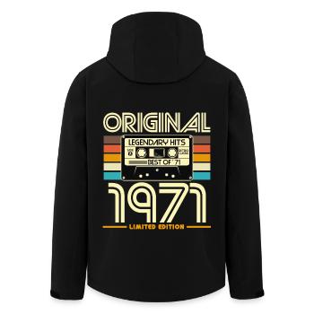 Original 1971 Limited Edition Retro Cassette - Men’s Recycled Softshell Jacket by Stanley/Stella - black - Back - AI Model Male 185 light (185cm)