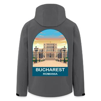 Bucharest Romania Vintage Travel Poster - Men’s Recycled Softshell Jacket by Stanley/Stella - black - Back - AI Model Male 185 light (185cm)