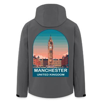 Manchester UK Vintage Travel Poster - Men’s Recycled Softshell Jacket by Stanley/Stella - black - Back - AI Model Male 185 light (185cm)