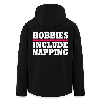 Hobbies include napping - Men’s Recycled Softshell Jacket by Stanley/Stella - black - Back - AI Model Male 185 light (185cm)