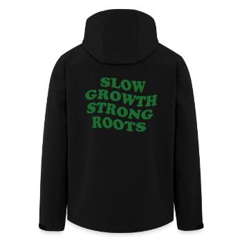Slow Growth, Strong Roots–Nature-inspired motif - Men’s Recycled Softshell Jacket by Stanley/Stella - black - Back - AI Model Male 185 light (185cm)