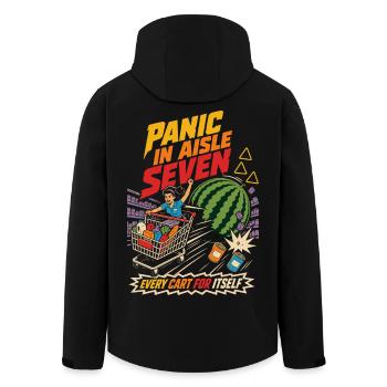 Panic in Gear Seven Shopping Cart Humor - Men’s Recycled Softshell Jacket by Stanley/Stella - black - Back - AI Model Male 185 light (185cm)