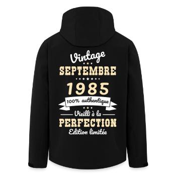 40th Birthday - Vintage - September 1985 - Men’s Recycled Softshell Jacket by Stanley/Stella - black - Back - AI Model Male 185 light (185cm)