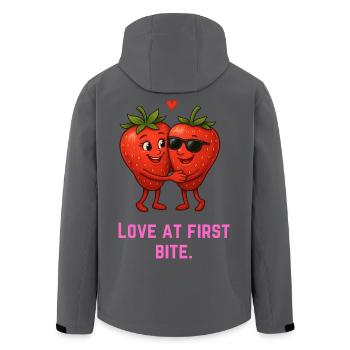 Love at First Bite Strawberries Cartoon - Men’s Recycled Softshell Jacket by Stanley/Stella - anthracite - Back - AI Model Male 185 light (185cm)