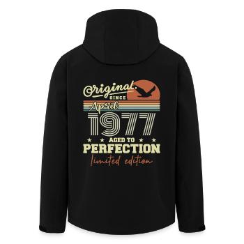 April 1977 Gift | 48th Anniversary April 1977 - Men’s Recycled Softshell Jacket by Stanley/Stella - black - Back - AI Model Male 185 light (185cm)