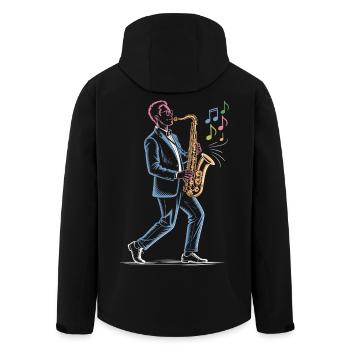 Saxophone Player Playing Sax Art Print - Men’s Recycled Softshell Jacket by Stanley/Stella - black - Back - AI Model Male 185 light (185cm)