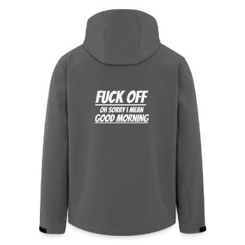 Fuck Off | Good Morning | Bad mood - Men’s Recycled Softshell Jacket by Stanley/Stella - anthracite - Back - AI Model Male 185 light (185cm)