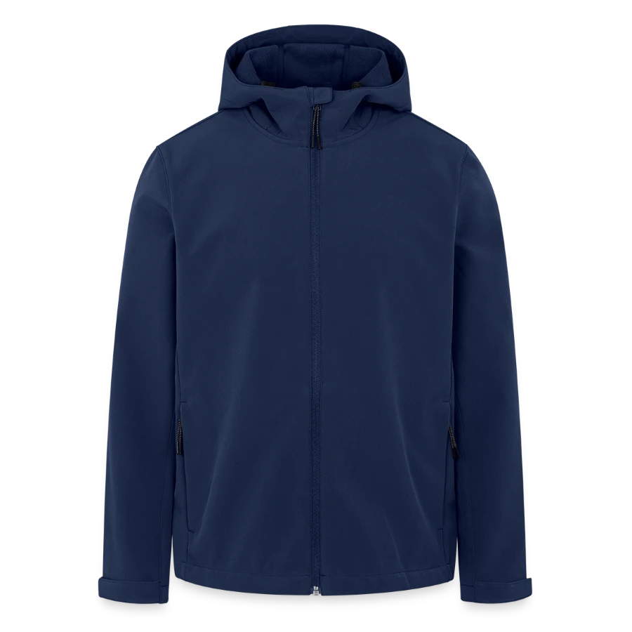 Lucerne badge on a men’s recycled softshell jacket by stanley/stella, navy