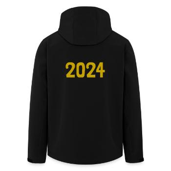 HAPPY NEW YEAR. CHRISTMAS. YEAR. ANNIVERSARY. RETIREMENT. - Men’s Recycled Softshell Jacket by Stanley/Stella - black - Back - AI Model Male 185 light (185cm)