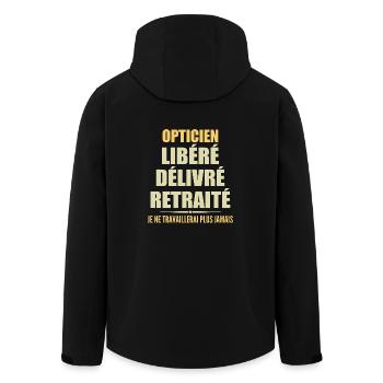 Optician celebrates his retirement with humor gift - Men’s Recycled Softshell Jacket by Stanley/Stella - black - Back - AI Model Male 185 light (185cm)