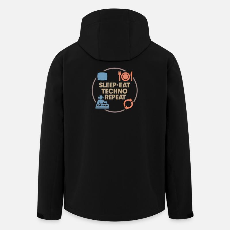 Humour techno – Sommeil · Manger · Techno · Répéter - Veste softshell homme en polyester recyclé Stanley/Stella - noir
