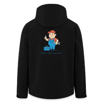 Tool Hero Cartoon Motif. Finally it works! - Men’s Recycled Softshell Jacket by Stanley/Stella - black - Back - AI Model Male 185 light (185cm)