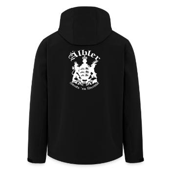 ÄLBLER ZWECKS ´EM ÜBERBLICK - WHITE FONT - Recycelte Männer Softshell-Jacke von Stanley/Stella - Schwarz - Hinten - AI Model Male 185 light (185cm)