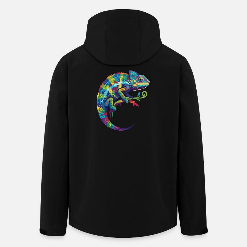 Fargerik kameleon som sitter på en gren (motiv) - Softshelljakke herre i resirkulert polyester Stanley/Stella - svart