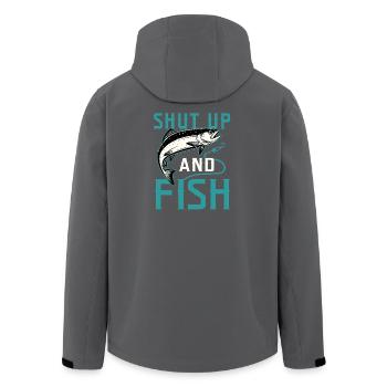 Shut Up and Fish Funny Vintage Salmon Fishing Art - Men’s Recycled Softshell Jacket by Stanley/Stella - black - Back - AI Model Male 185 light (185cm)