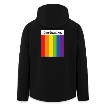 Üdvözlünk  LGBT welcome in Hungarian rainbow flag - Men’s Recycled Softshell Jacket by Stanley/Stella - black - Back - AI Model Male 185 light (185cm)
