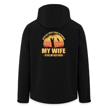 Funny Fisherman Gift Wife & Fishing Outfit - Men’s Recycled Softshell Jacket by Stanley/Stella - black - Back - AI Model Male 185 light (185cm)
