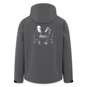 Darwin plays chess with monkey - Evolution game - Men’s Recycled Softshell Jacket by Stanley/Stella - anthracite - Back - AI Model Male 185 light (185cm)