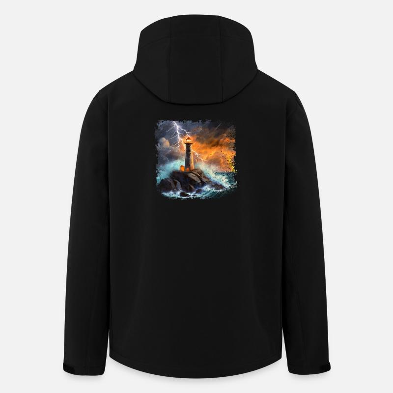 Leuchtturm der nachts auf das Meer hinausstrahlt - Recycelte Männer Softshell-Jacke von Stanley/Stella - Schwarz