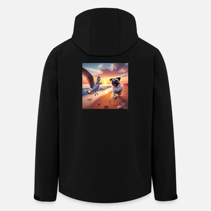 Lebendige Strandabenteuer mit Hund und Möwe - Recycelte Männer Softshell-Jacke von Stanley/Stella - Schwarz