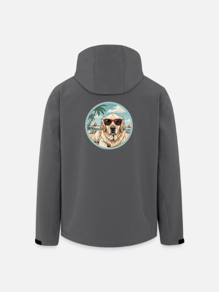 Gylden Retreiver Hund på stranden med røde briller - Stanley/Stella herre softshelljakke i genanvendt polyester - sort