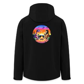 Illustration de rencontre préhistorique autour d’un feu de camp - Veste softshell homme en polyester recyclé Stanley/Stella - noir - Dos - AI Model Male 185 light (185cm)