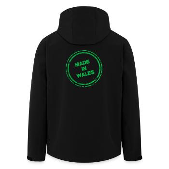 Made in Wales Stamp Logo  Print - Green Retro Logo - Men’s Recycled Softshell Jacket by Stanley/Stella - black - Back - AI Model Male 185 light (185cm)