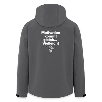 MOTIVATION? COMING SOON! IRONY, SARCASM, FUN - Men’s Recycled Softshell Jacket by Stanley/Stella - anthracite - Back - AI Model Male 185 light (185cm)