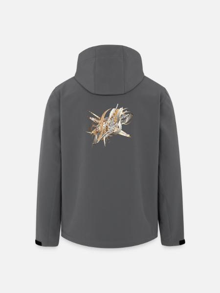 kunstnerisk filigran motiv lavet af bånd og fjer - Stanley/Stella herre softshelljakke i genanvendt polyester - sort