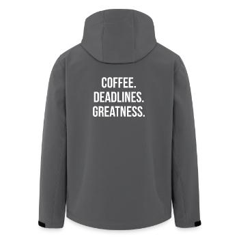 COFFEE. DEADLINES. GREATNESS. | Greyline Official - Men’s Recycled Softshell Jacket by Stanley/Stella - anthracite - Back - AI Model Male 185 light (185cm)