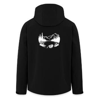 Minimalist mountain lake with rowing boat - Men’s Recycled Softshell Jacket by Stanley/Stella - black - Back - AI Model Male 185 light (185cm)