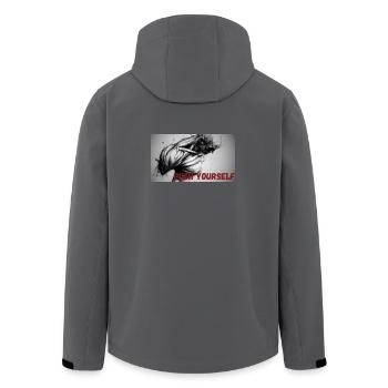 Dynamic Black and White Motif with Motivational Saying - Men’s Recycled Softshell Jacket by Stanley/Stella - black - Back - AI Model Male 185 light (185cm)