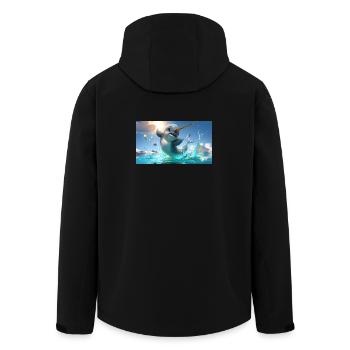 Narwhal baby with golden horn jumps out of the sea - Men’s Recycled Softshell Jacket by Stanley/Stella - black - Back - AI Model Male 185 light (185cm)