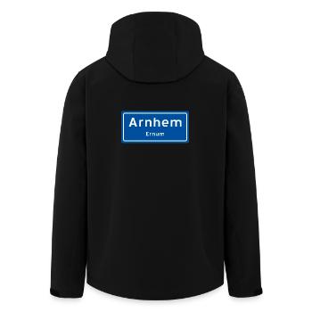 Arnhem place name sign - Men’s Recycled Softshell Jacket by Stanley/Stella - black - Back - AI Model Male 185 light (185cm)